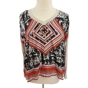CAbi 100% Silk Contrast Aztec Print Boho Scarf Top, Size Large